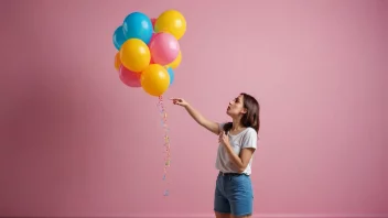 En person blåser opp en ballong med et stort smil på ansiktet.