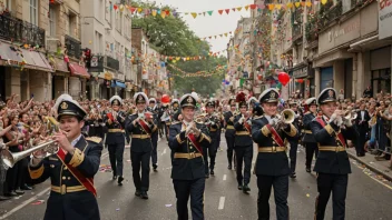 En fargerik illustrasjon av en parade med et marsjerende korps som spiller en livlig melodi, omgitt av glade mennesker og feiringsdekorasjoner