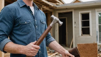 En person som holder en hammer og en lommebok, med en bakgrunn av et hus under renovering.