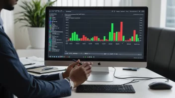 En person som analyserer data på en dataskjerm med en graf som viser en økende trend i bakgrunnen.