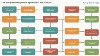 En illustrasjon av en flytdiagram eller et diagram som viser implementeringsprosessen for en ny politikk eller prosjekt.