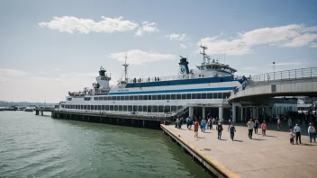 Et travel ferjested med en stor ferje fortøyd og mennesker som går rundt