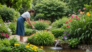 Et fredelig bilde av en person som vanner plantene sine i en hage, med en svak strøm av vann, omgitt av frodig grønne og fargerike blomster.