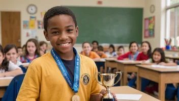 En elev som er en topp prestasjon i sin klasse eller skole, med en trofé eller medalje, som symboliserer deres prestasjon.