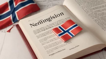 Et bilde som illustrerer begrepet næringslivsdefinisjon, med et norsk flagg og en ordbok eller bok.