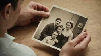 En person sitter ved et bord og ser på et gammelt fotografi med et nostalgisk uttrykk i ansiktet.