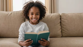 Et barn som leser en bok med et stort smil på ansiktet.