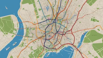 En illustrasjon av et bykart med bussruter og transportnett.