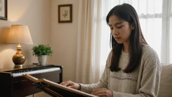 En person sitter i et koselig rom med noter og en metronom, og øver på et musikkinstrument med en fokusert uttrykk.