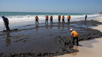 Oljeslam på en strand, med et oppryddingsteam i bakgrunnen.