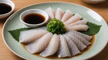 En tallerken med skivet fugu-sashimi, pyntet med tynnslispet daikon og shiso-blader, servert med en side av soyasaus og wasabi.