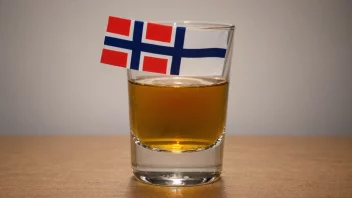 Et lite glass med alkohol og et norsk flagg i bakgrunnen.