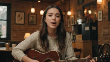 En ung kvinne med gitar synger en hjertelig sang på en koselig kaffebar.