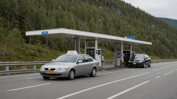 En bomstasjon på en norsk motorvei med en bil som passerer gjennom.