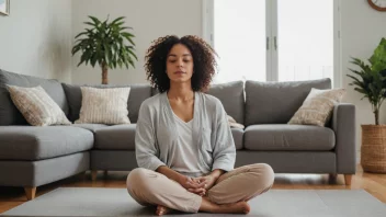 En person i en avslappet stilling, sittende på en sofa eller en matte, med en fredelig bakgrunn og en rolig atmosfære.