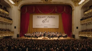 En stor konsertsal med et stort orkester som fremfører Mozarts musikk.