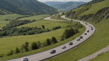 En lang rekke av biler som kjører på en svingete vei gjennom et naturskjønt landskap med fjell og trær i bakgrunnen