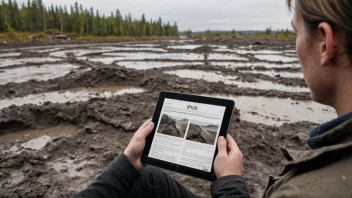 En person leser en artikkel på en tablet, med en bakgrunn av et gjørmete eller skittent miljø.