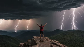 En person som står på toppen av et fjell, med armene hevet i seier, omgitt av en stormfull himmel med lyn og torden.