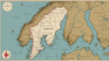 Et kart over Norge med ulike regioner fremhevet og historiske landemerker og symboler vist.