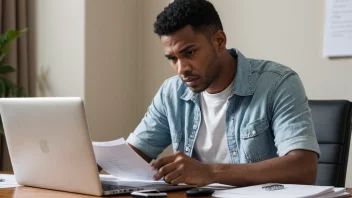 En person med en sterk arbeidsmentalitet, sittende ved et skrivebord med en laptop og papirer, ser fokusert og bestemt ut.