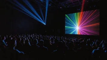 En laserforestilling i et mørkt rom, med fargerike mønstre og bilder på en stor skjerm.