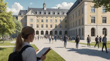 Et bilde av et norsk universitetscampus med studenter og en lov bok i bakgrunnen.