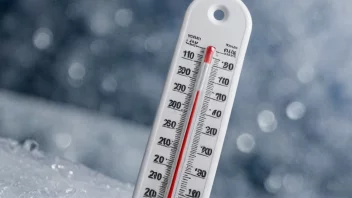 Et digitalt termometer som viser en lav temperatur, med en kulde og is som bakgrunn.