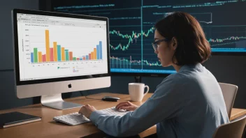 En person som analyserer data på en datamaskin, med en graf som viser sammenhengen mellom to variabler.