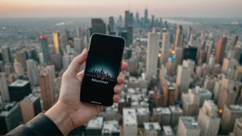 En person som holder en smartphone med en bysilhuett i bakgrunnen, med en lys og fargerik skjerm som viser ulike apper og varslinger.