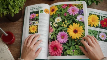 En person sitter i et koselig rom, omgitt av planter og blomster, og blader gjennom en hagekatalog med et smil på ansiktet.