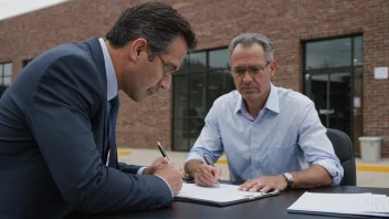 En bedriftseier signerer en kontrakt med en forsikringsagent, med en fabrikk eller kontorbygning i bakgrunnen.