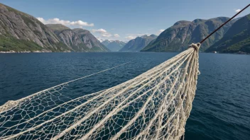 En tradisjonell norsk fiskegyte, kjent som en laksegyte, henger over vannet med en fredelig fjordlandskap i bakgrunnen.