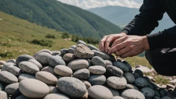 En person som velger steiner fra en haug med steiner, med et vakkert landskap i bakgrunnen.