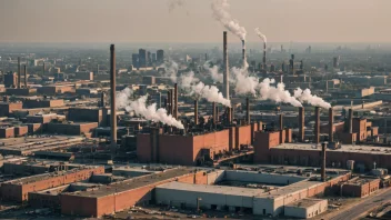 Et stort industrielt kompleks med skorsteiner og fabrikker, omgitt av en by.