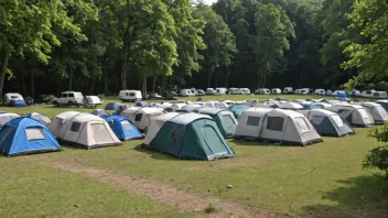 En stor campingplass med mange telt og bobiler, med en skilt som viser plassens kapasitet.