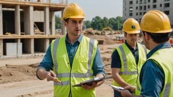 En byggeplass med en bygning under oppføring og en person som leder arbeidet.