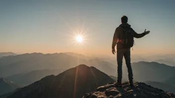 En person som står på et fjelltopp med en lys sol som skinner i bakgrunnen.