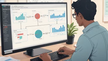 En person som analyserer data på en dataskjerm, med et flytdiagram av transaksjoner i bakgrunnen.