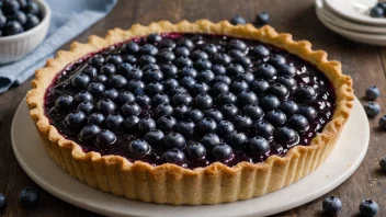 En deilig blåbærtorte med en gyllen kakebunn og et lag med ferske blåbær på toppen