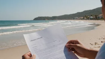 En person som holder en kontrakt med en strand i bakgrunnen, symboliserer en ferieavtale.