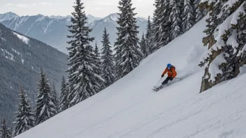 En skiløper som kjører ned en bratt, snødekt fjellside med trær og steiner i bakgrunnen.