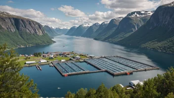 En naturskjønn utsikt over et norsk fiskeoppdrett i en fjord.