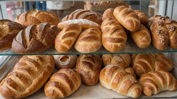 En bakeri med en variasjon av brød og kaker på utstilling