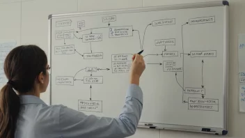 En person står foran en whiteboard med et flytdiagram, som representerer innitieringsprosessen av et nytt prosjekt.