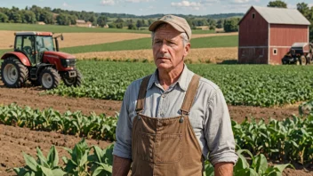 En bonde som står i en åker, ser bekymret ut, med en traktor og avlinger i bakgrunnen.