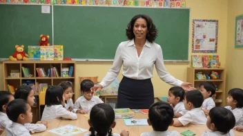 En barnehavessjef som står i en barnehage, omgitt av barn og pedagogisk materiale.