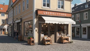 En liten butikk eller forretning med en skilt som sier 'Urforretning' på norsk.