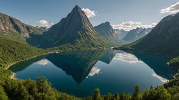 Et majestetisk fjellandskap i Norge med en fremtredende topp, skoger og en innsjø.