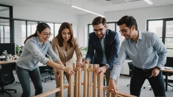 En gruppe kolleger som ler og jobber sammen under en teambuilding-aktivitet.